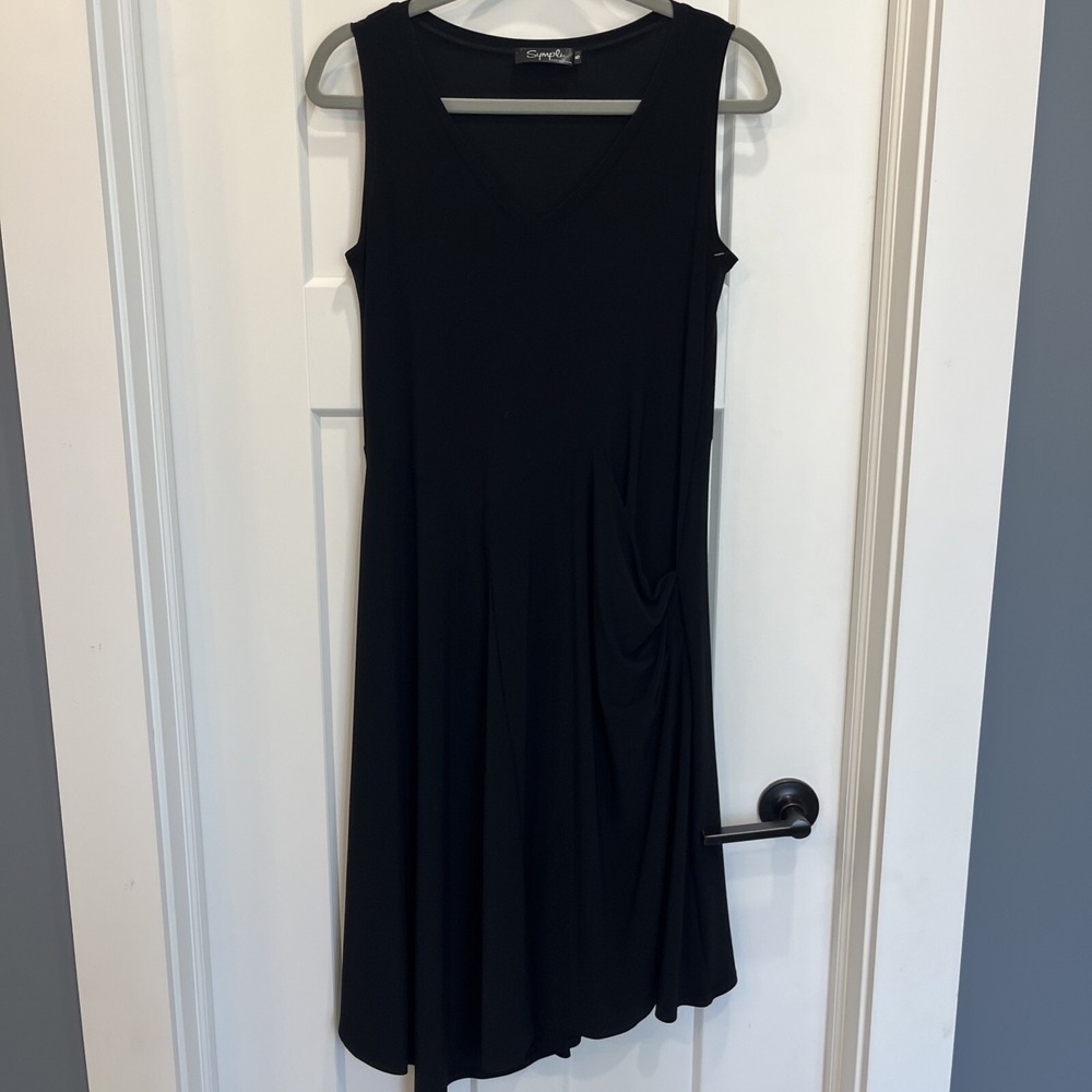 Sympli Solid Black Sleeveless Lagenlook Slinky Midi Length Dress Pocket Size‎ 8
